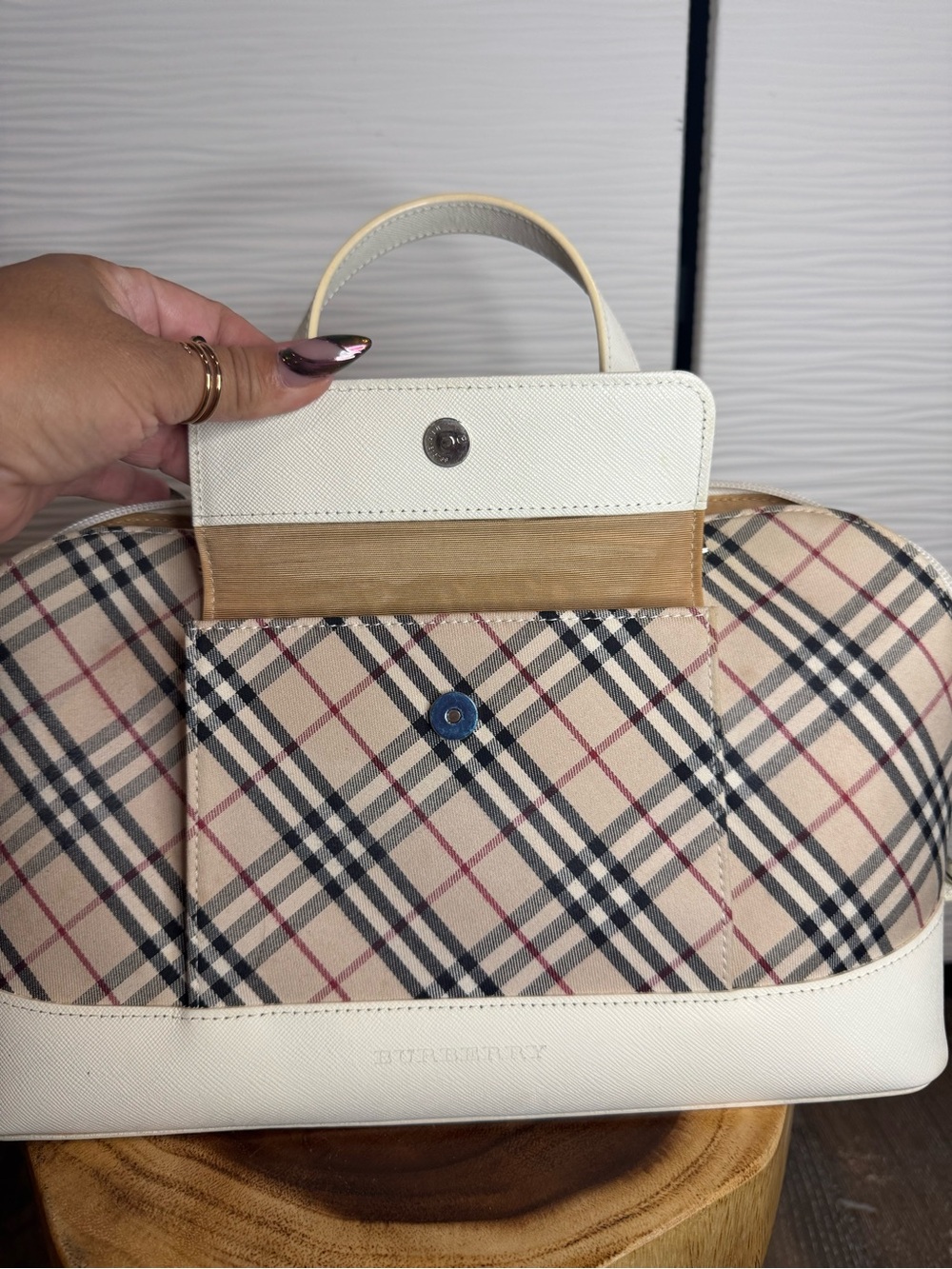 Beige Check Satchel with Cream Leather Trim - Picture 13 of 16